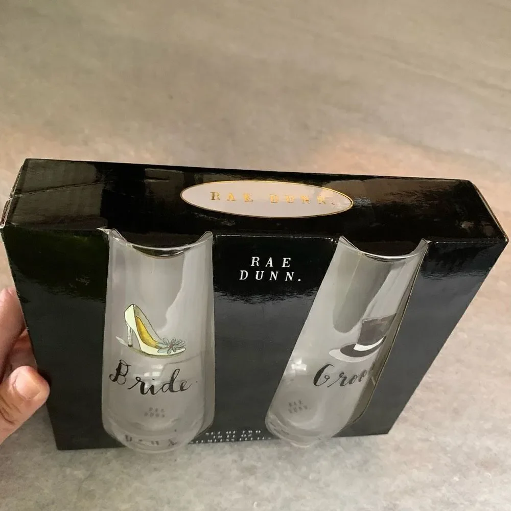 Rae Dunn Bride & Groom Set of Two 10oz Stemless Flute Glasses *New*